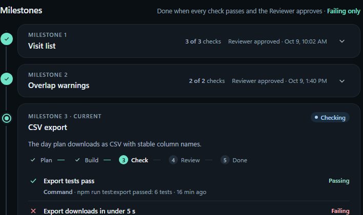 Elara’s milestones for a goal: two approved by the Reviewer, the third being checked.